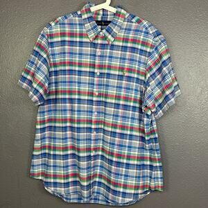 Ralph Lauren Shirt Mens 2XL Blue Madras Plaid Button Up Classic Short Sleeves